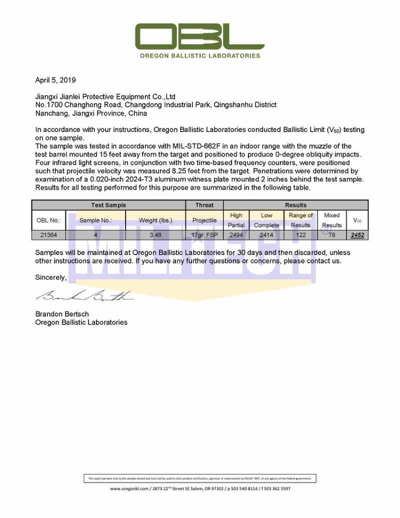 Ballistic Helmet OBL MIL STD 662F V50 Fragment Test Report 1